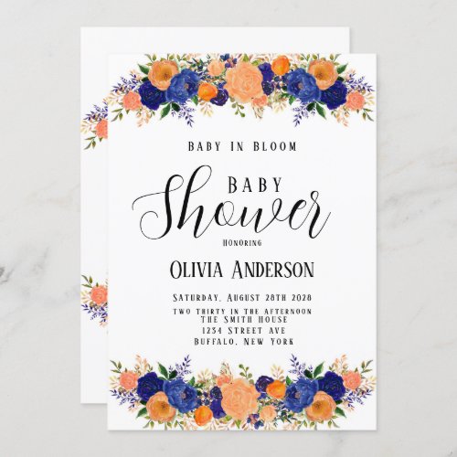 Navy Blue and Orange Baby In Bloom Baby Shower Invitation