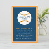 Navy Blue and Orange Baseball 30th Birthday Party Invitation (Standing Front)