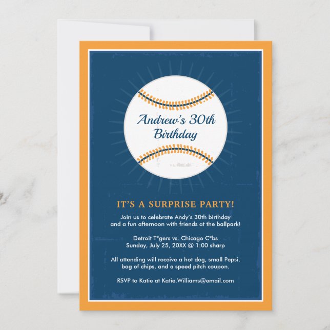 Navy Blue and Orange Baseball 30th Birthday Party Invitation (Front)