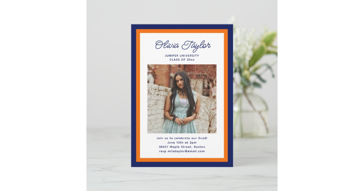 Navy Blue and Orange Border Photo Graduation Party Invitation | Zazzle
