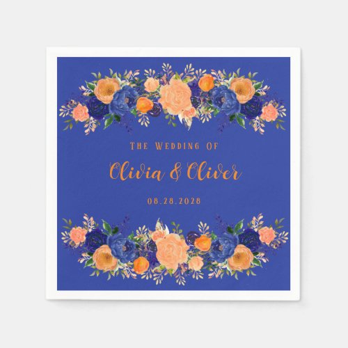 Navy Blue and Orange Botanical Floral Wedding Napkins