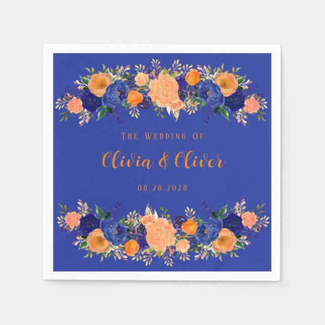 Navy Blue and Orange Botanical Floral Wedding Napkins (Front)