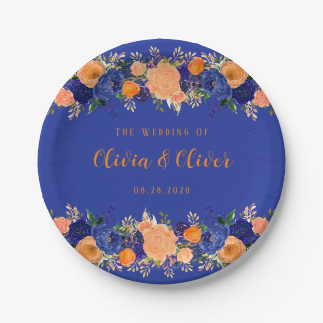 Navy Blue and Orange Botanical Floral Wedding Paper Plates (Front)