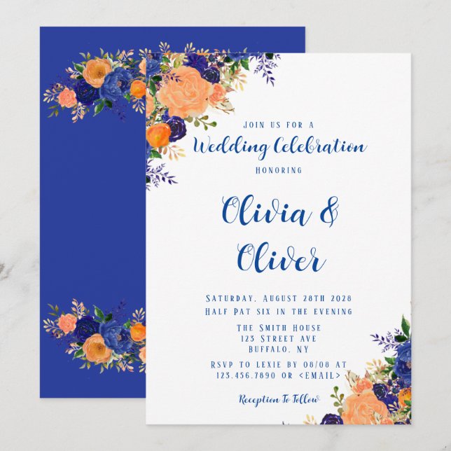 Navy Blue and Orange Botanical Florals Wedding Invitation (Front/Back)