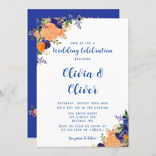 Navy Blue and Orange Botanical Florals Wedding Invitation