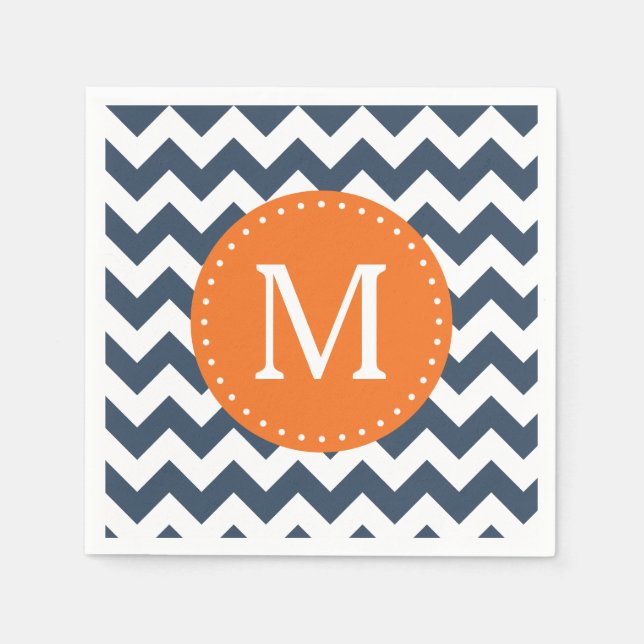 Navy Blue and Orange Chevron Custom Monogram Paper Napkins (Front)