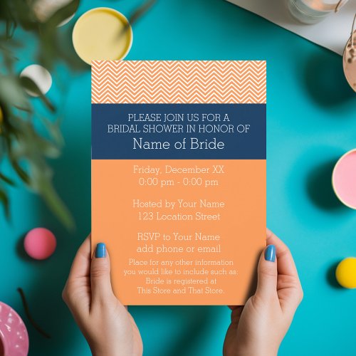 Navy Blue and Orange Chevron Pattern Bridal Shower Invitation