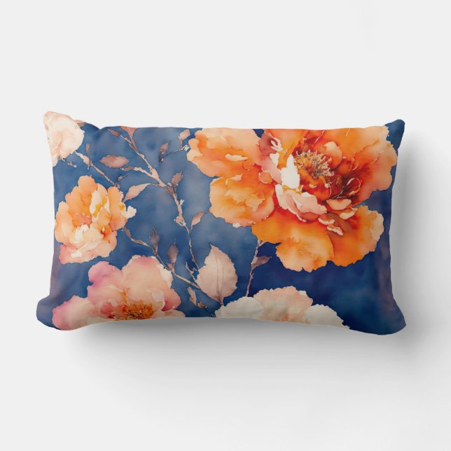 Navy Blue and Orange Floral Lumbar Pillow (Front)