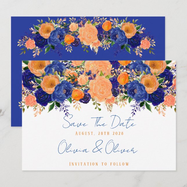 Navy Blue and Orange Floral Save The Date Invitation (Front/Back)