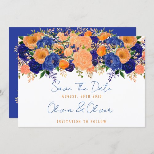 Navy Blue and Orange Floral Save The Date Invitation