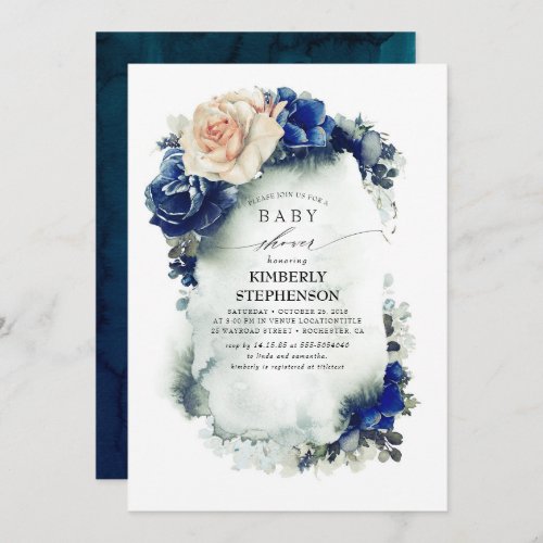 Navy Blue and Orange Floral Vintage Baby Shower Invitation