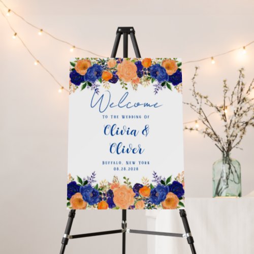 Navy Blue and Orange Florals Wedding Welcome Sign