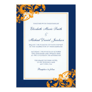 Blue And Orange Wedding Invitations Announcements Zazzle Navy Blue And Orange Flourish Swirls Wedding Card