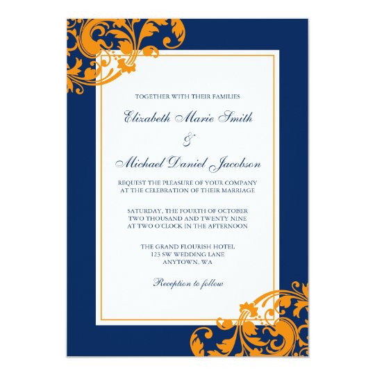 Navy Blue And Orange Flourish Swirls Wedding Invitation Zazzle Navy Blue And Orange Flourish Swirls Wedding Invitation