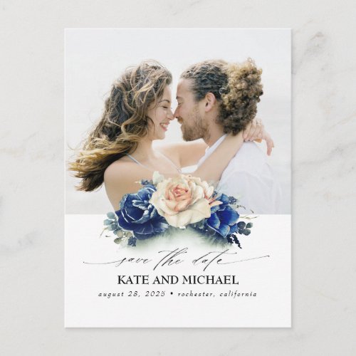 Navy Blue and Orange Flowers Save the Date Photo Announcement Postcard