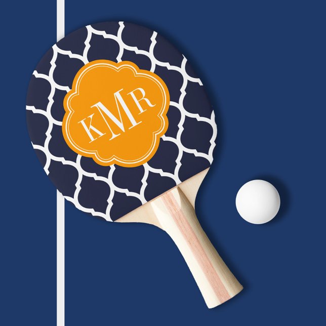 Navy Blue and Orange Moroccan Quatrefoil Monogram Ping-Pong Paddle (Creator Uploaded)