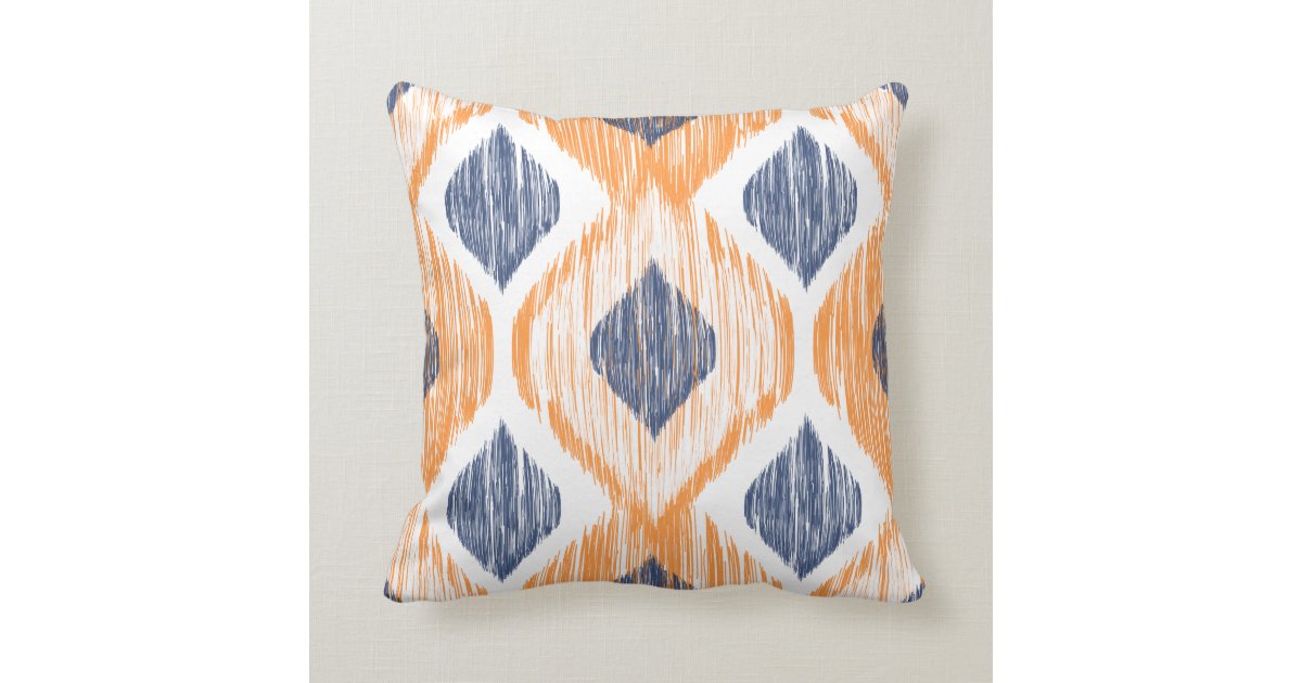 Navy Blue And Orange Ogee Ikat Pattern Throw Pillow Zazzle Com
