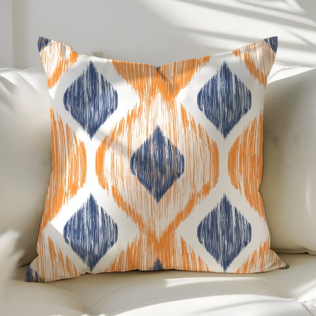 Navy Blue and Orange Ogee Ikat Pattern Throw Pillow (Creator Uploaded)