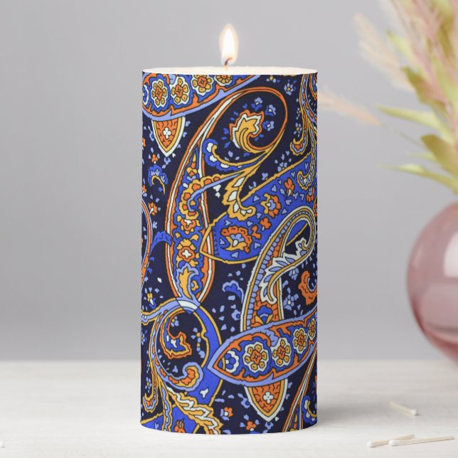 Navy Blue and Orange Paisley Beautiful Accent Pillar Candle (In Situ)