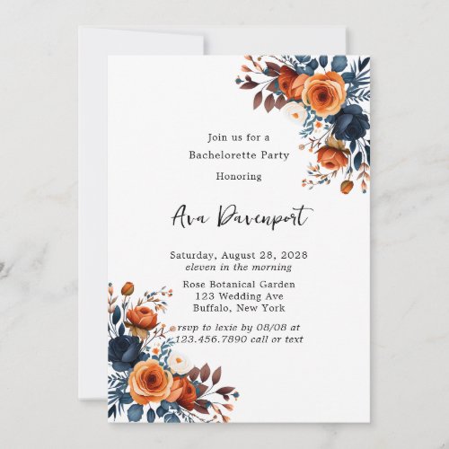 Navy Blue and Orange Peony Bachelorette Party Invitation