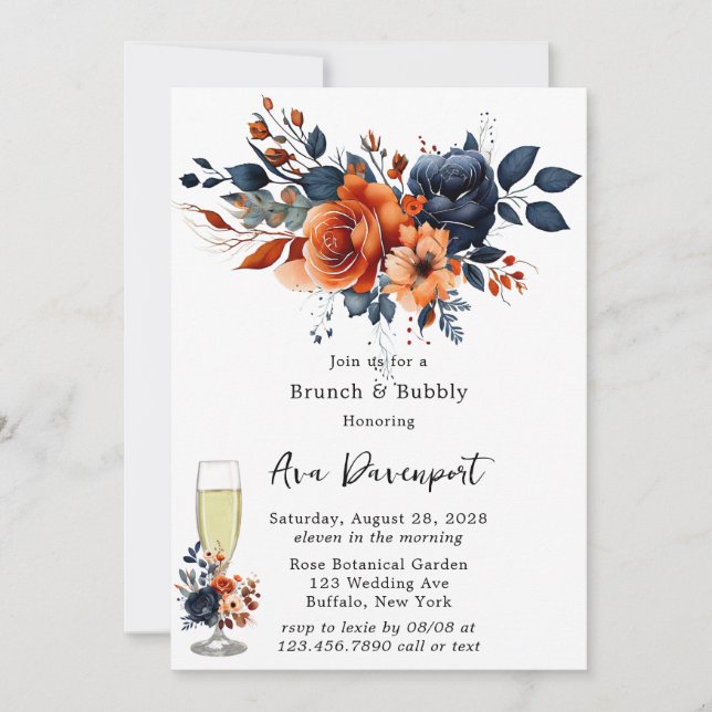 Navy Blue and Orange Peony Brunch & Bubbly Invitation (Front)