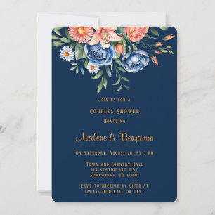 Navy Blue and Orange Peony Couples Shower Invitation