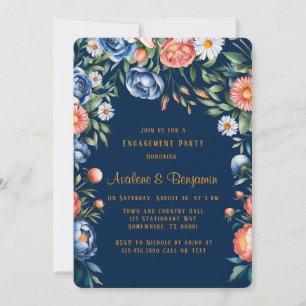Navy Blue and Orange Peony Engagement Party Invitation
