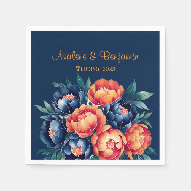 Navy Blue and Orange Peony Flower Wedding Napkins (Front)
