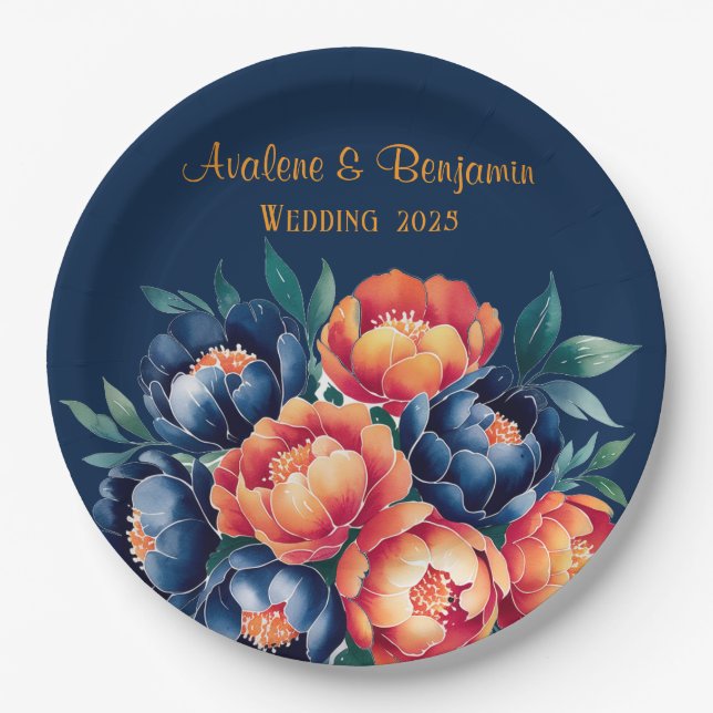 Navy Blue and Orange Peony Flower Wedding Paper Plates (Front)