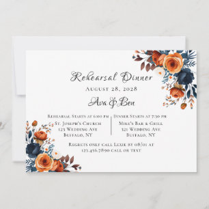 Navy Blue and Orange Peony Rehearsal Dinner Invitation