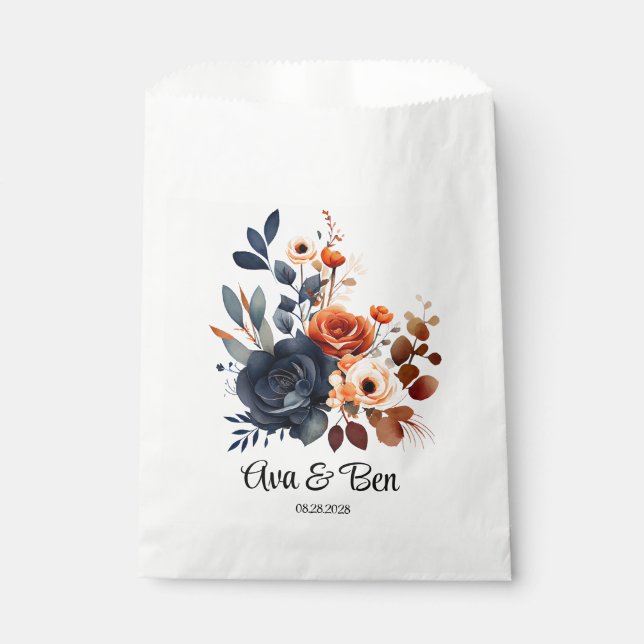 Navy Blue and Orange Peony Wedding Favor Bag (Front)