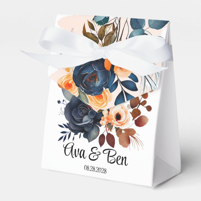 Navy Blue and Orange Peony Wedding Favor Boxes (Front Side)