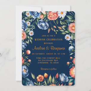 Navy Blue and Orange Peony Wedding Invitation