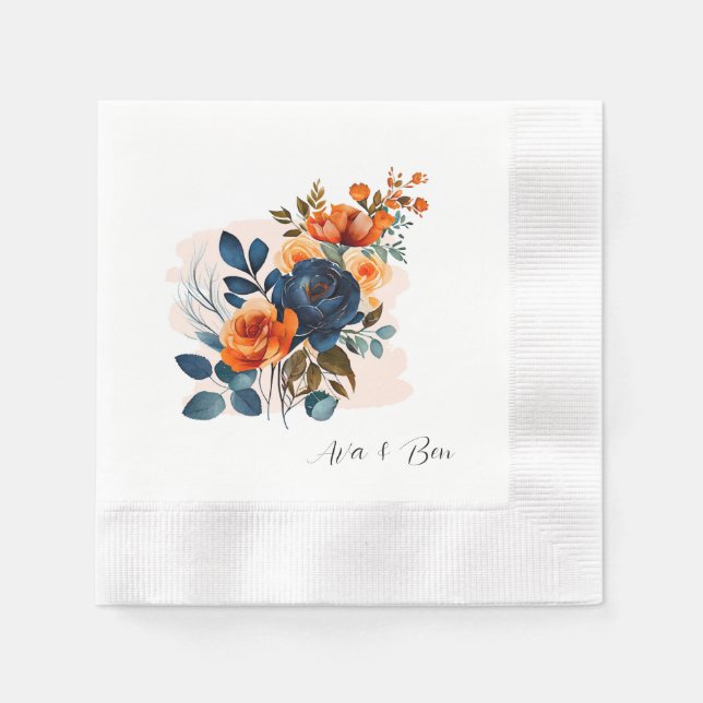 Navy Blue and Orange Peony Wedding Napkins (Front)