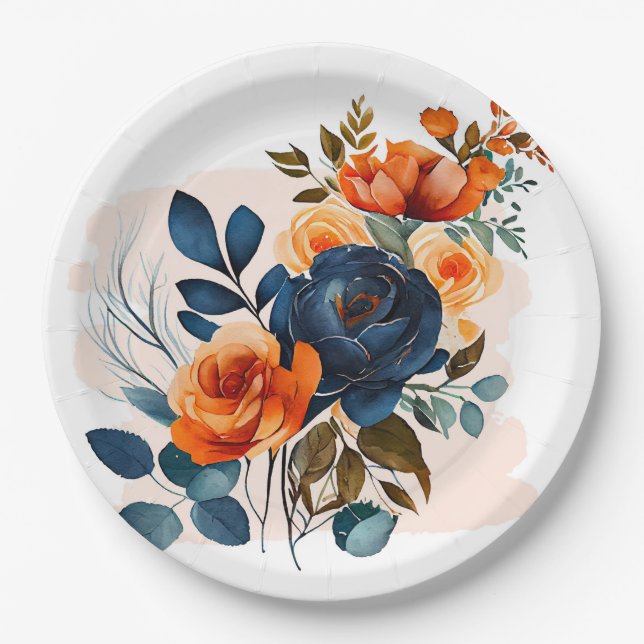 Navy Blue and Orange Peony Wedding Paper Plates (Front)