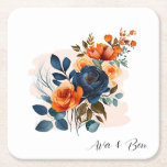 Navy Blue And Orange Peony Wedding Square Paper Coaster at Zazzle