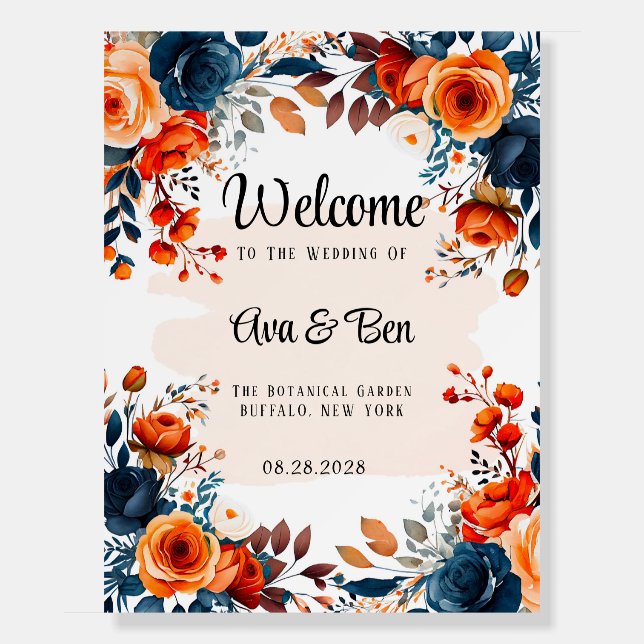 Navy Blue and Orange Peony Welcome Sign (Front)