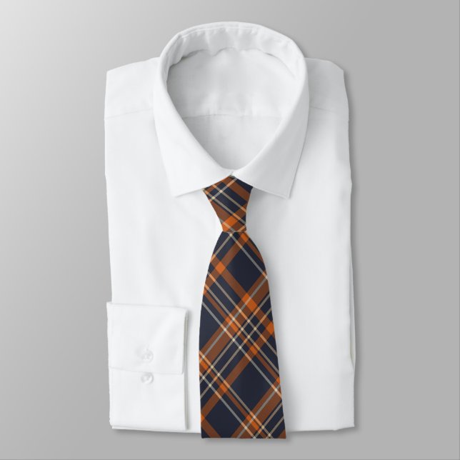 Navy Blue and Orange Plaid Neck Tie (Tied)