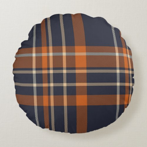 Navy Blue and Orange Plaid Round Pillow