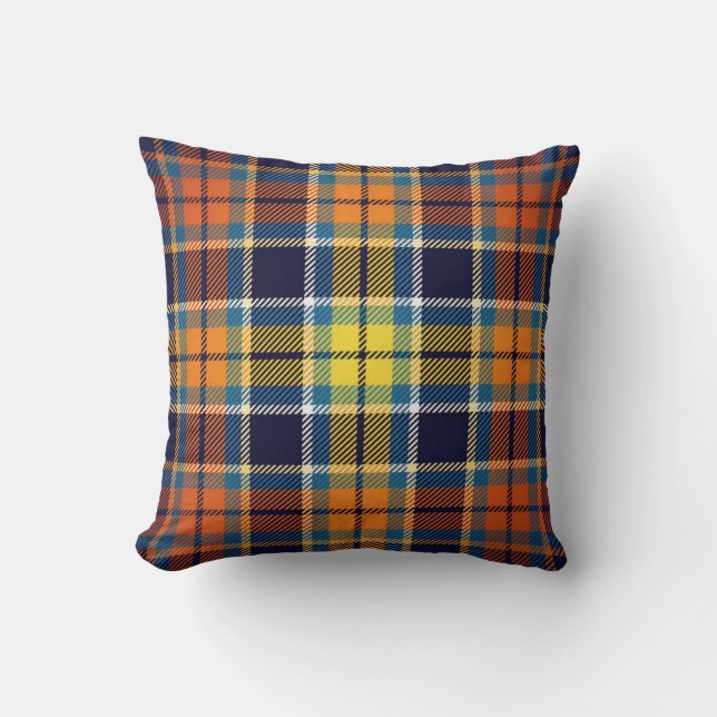Navy Blue And Orange Plaid Throw Pillow (Front)