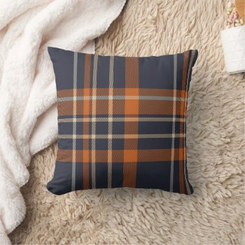 Navy Blue And Orange Plaid Throw Pillow by Angharad13 at Zazzle