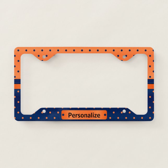 Navy Blue and Orange Polka Dots License Plate Frame (Front)