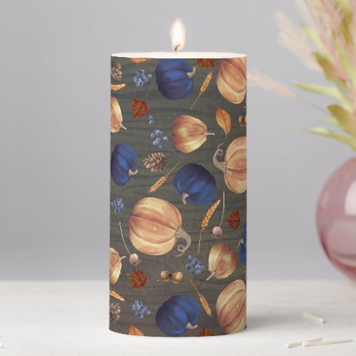 Navy Blue and Orange Pumpkins Rustic Wood Fall Pillar Candle