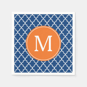 Navy Blue and Orange Quatrefoil Monogram Napkins