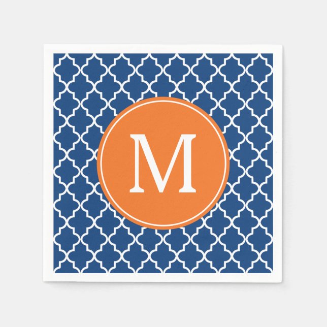 Navy Blue and Orange Quatrefoil Monogram Napkins (Front)