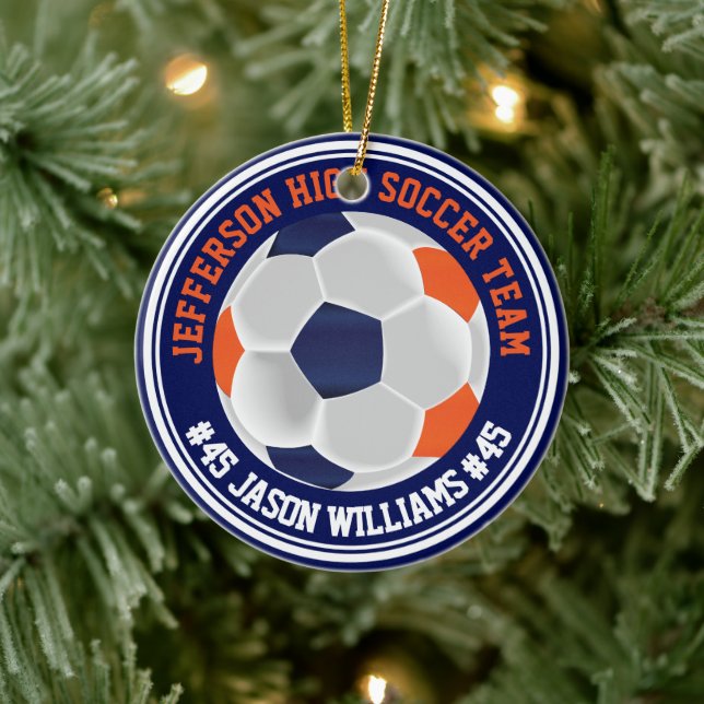 Navy Blue and Orange Soccer ⚽  Ceramic Ornament (Tree)
