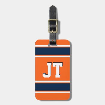 Navy Blue And Orange Sports Stripes Personalized Luggage Tag by FalconsEye at Zazzle