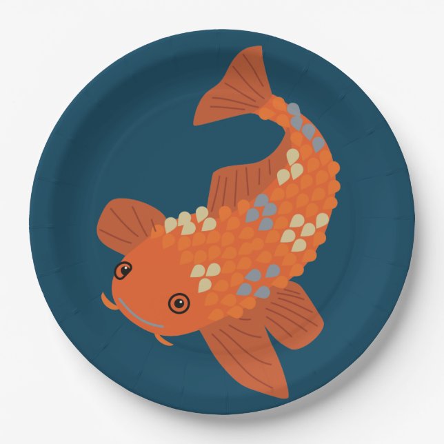 Navy Blue and Orange Swimming Koi Goldfish Paper Plates (Front)