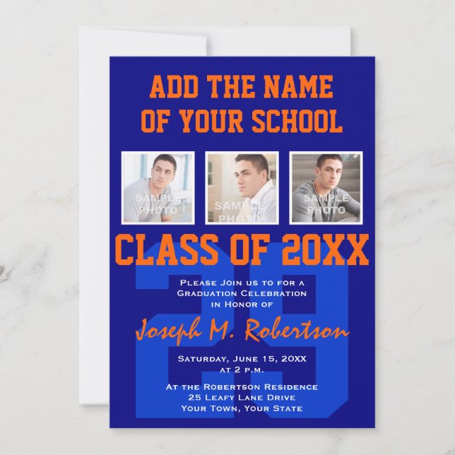 Navy Blue and Orange Team Graduation Sports Event Invitation (Front)