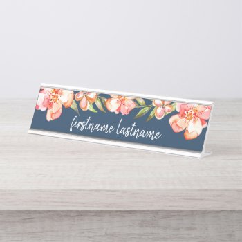 Navy Blue And Painted Flowers Calligraphy Name Desk Name Plate by MarshBaby at Zazzle
